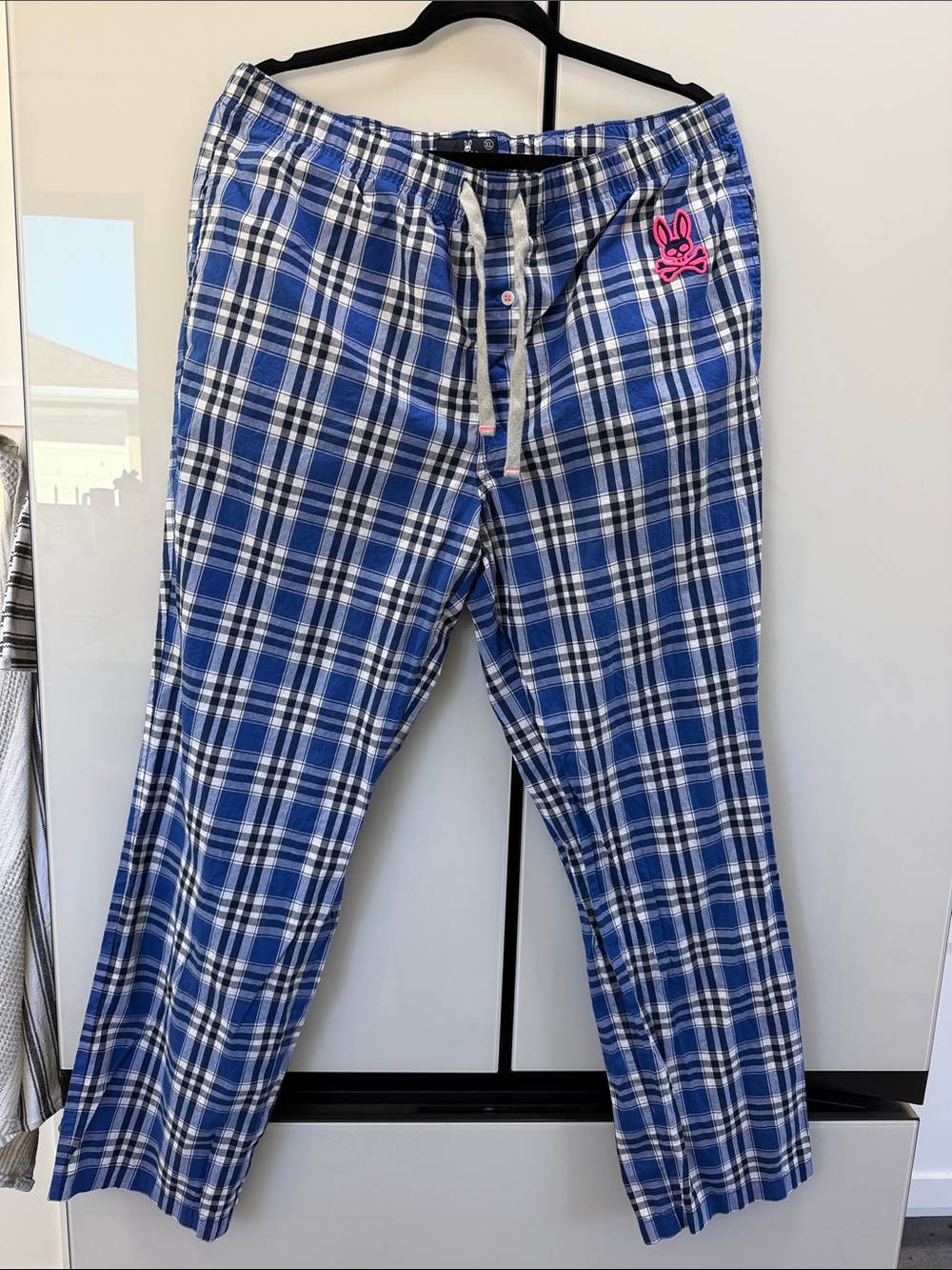Psycho Bunny Blue Plaid Men’s Jogger Lounge Pants with Pink Logo